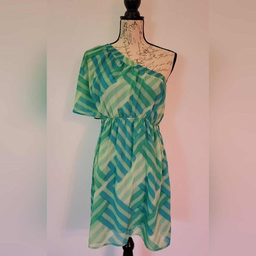 Forever 21 One-Shoulder Teal & Green Patterned Dress